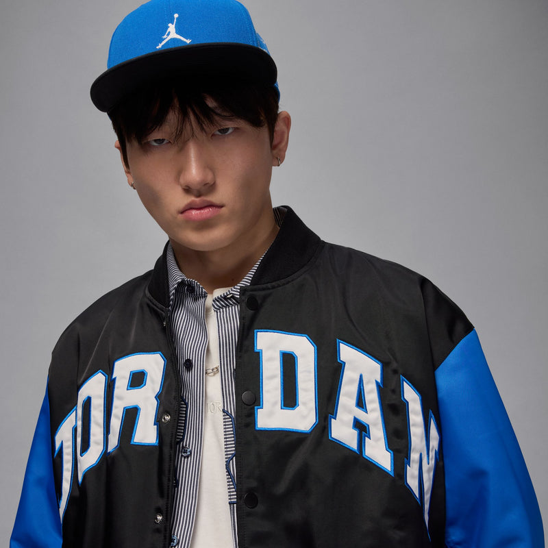 JORDAN BROOKLYN COLLEGIATE VARSITY JACKET "BLACK/SPORT BLUE/BLACK"