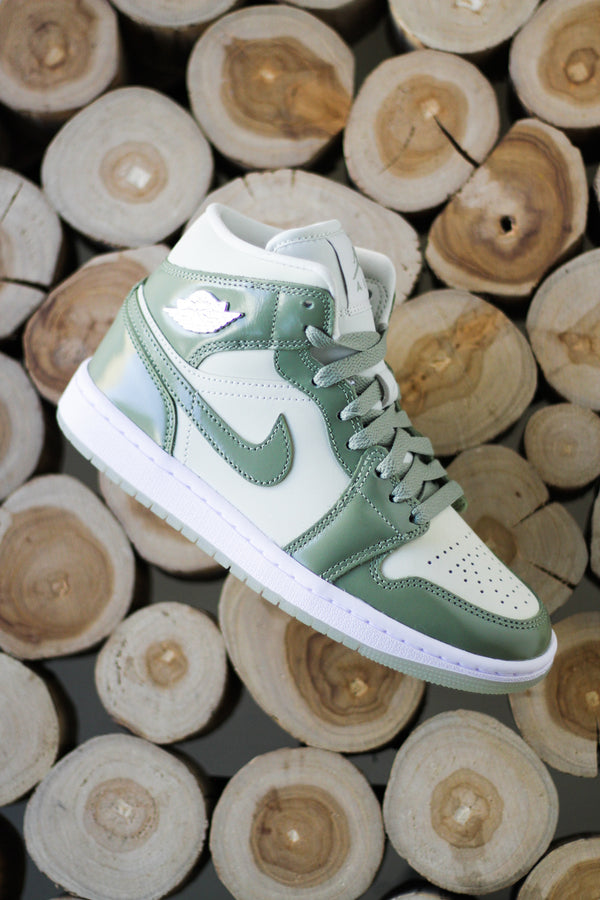 W AIR JORDAN 1 MID SE " SEA GLASS/OIL GREEN-METALLIC SILVER"