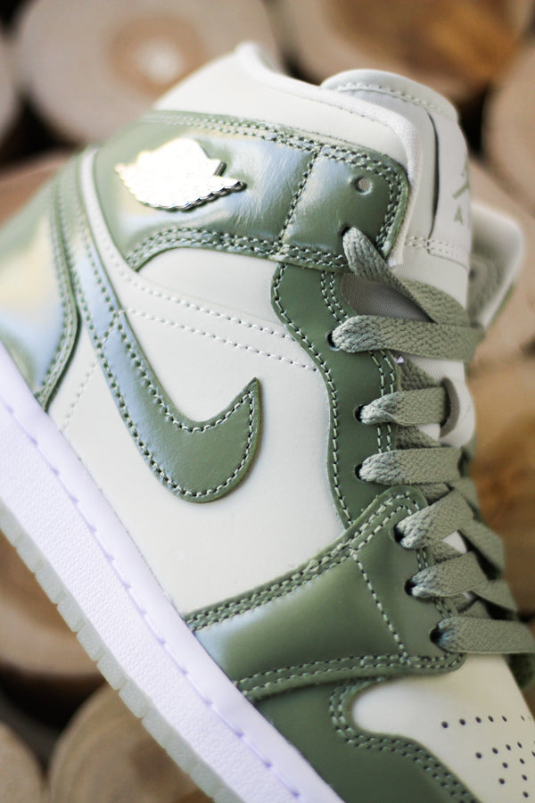 W AIR JORDAN 1 MID SE " SEA GLASS/OIL GREEN-METALLIC SILVER"