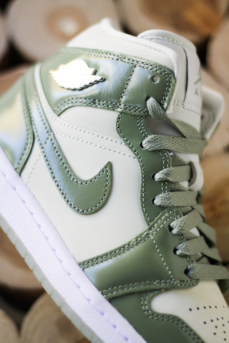 W AIR JORDAN 1 MID SE " SEA GLASS/OIL GREEN-METALLIC SILVER"