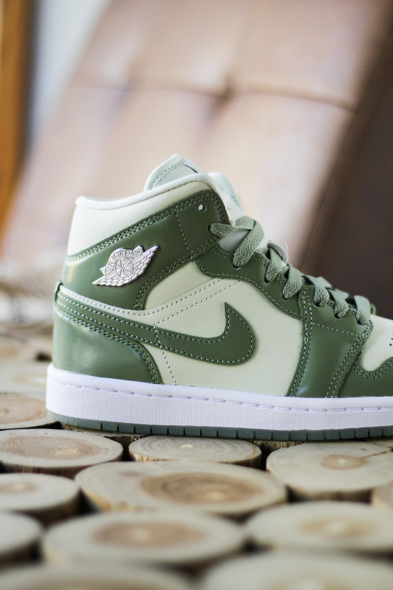 W AIR JORDAN 1 MID SE " SEA GLASS/OIL GREEN-METALLIC SILVER"
