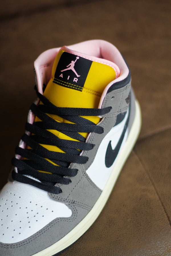 AIR JORDAN 1 MID SE "WHITE/OIL GREY-CAVE STONE-DARK SULFUR"