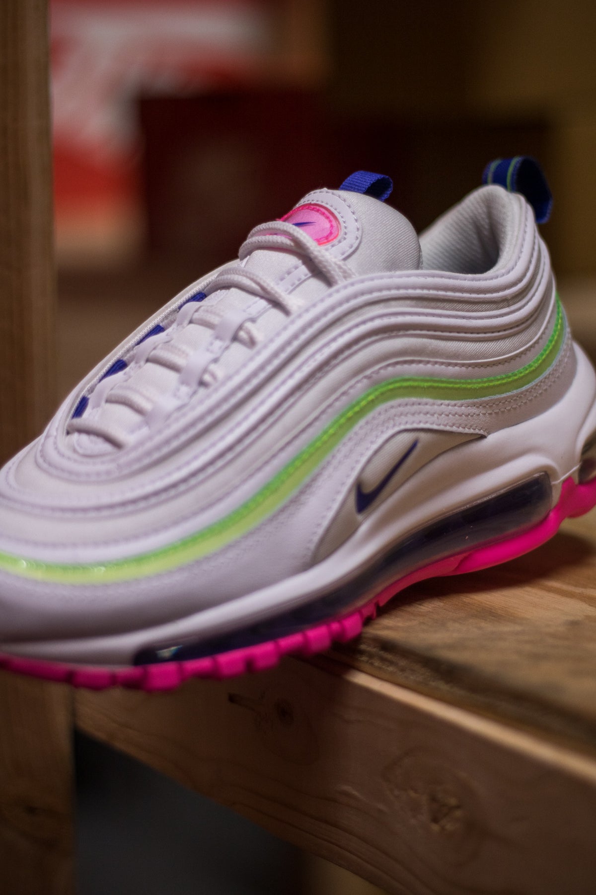 pink white and green air max 97
